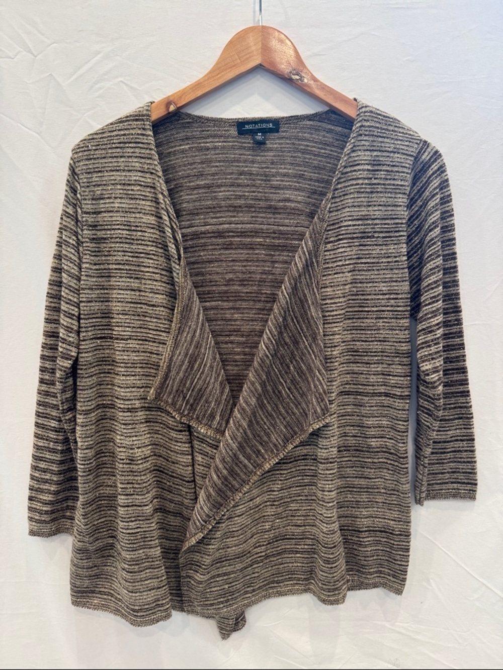 Notations Brown and Tan Metallic Striped Open-Front Cardigan, Size M